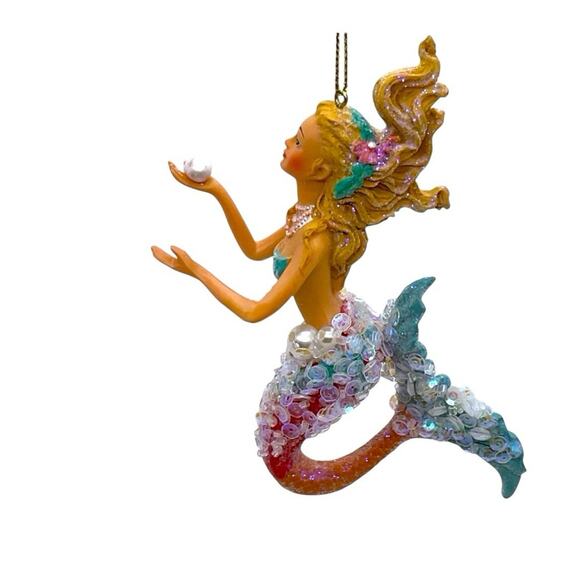 Mermaid Christmas Ornament Pearl Sequin Tail Hand Painted Ocean Fantasy Decor - Picture 7 of 8